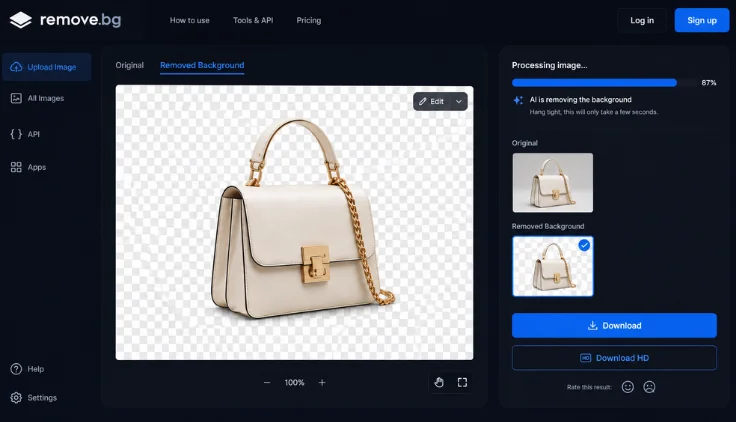 AI background removal tool interface showing automated product image editing