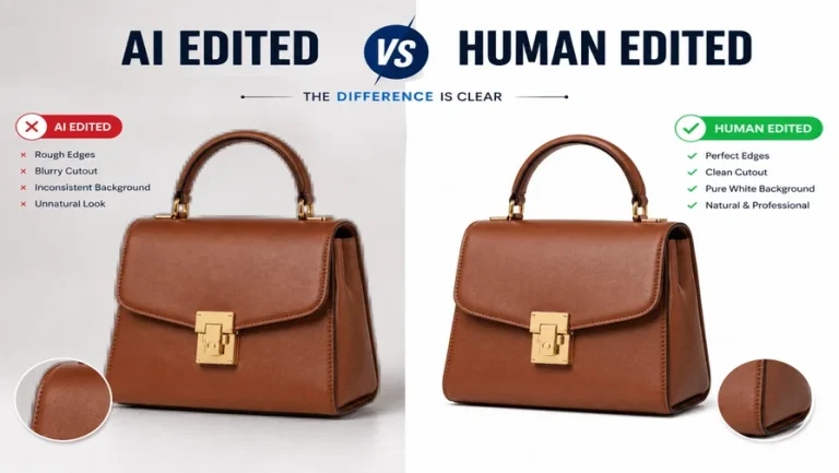 Handbag Comparison Brown leather handbag — AI edited with rough edges versus human edited with clean white background