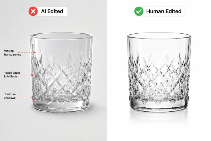 Transparent glass tumbler — AI edited with rough edges versus human edited with clean white background