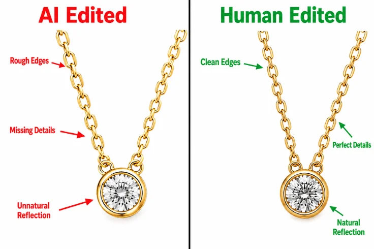 AI edited with rough edges and missing details versus human edited with clean precise finish