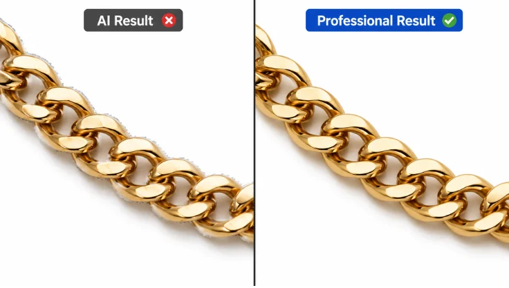 AI result vs professional clipping path result on gold jewelry chain edges