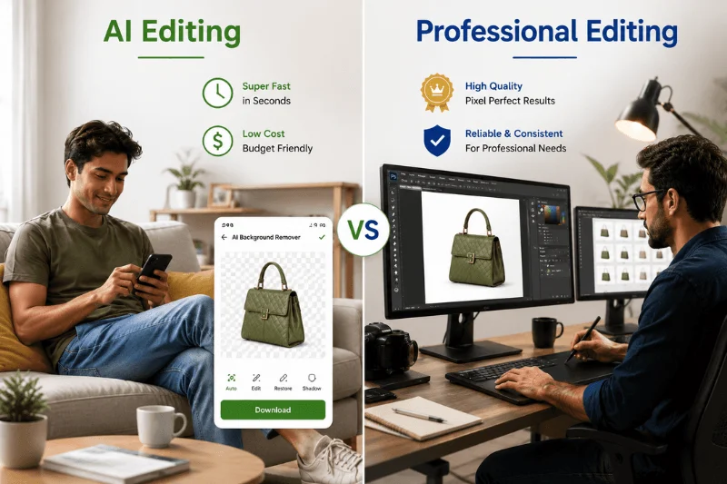 Cost comparison infographic between AI background removal tools and professional editing services