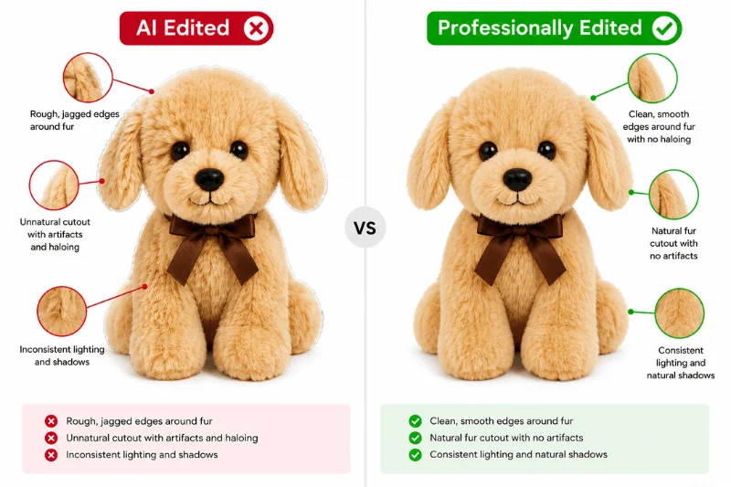 AI background removal failure vs professional editing on fluffy teddy bear product
