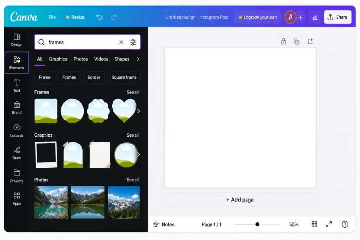 how to find frames in canva elements panel