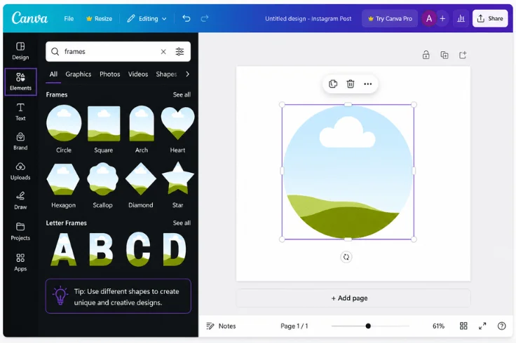 select frame shape in canva circle square letter frame