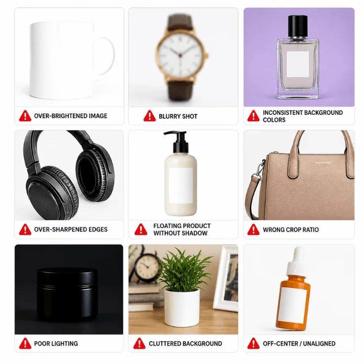 Grid showing common product photo editing mistakes including over brightening blurry shots and inconsistent backgrounds