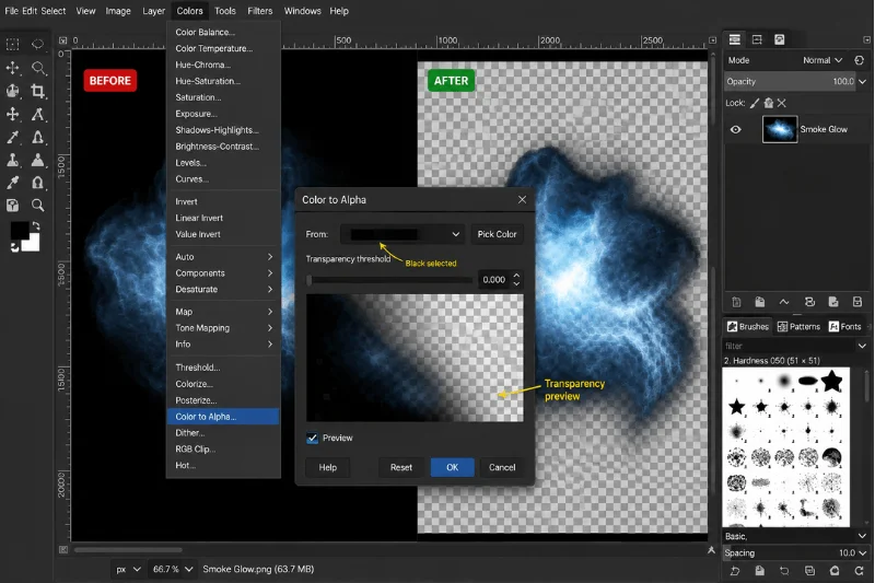 Remove black background in GIMP using Color to Alpha tool