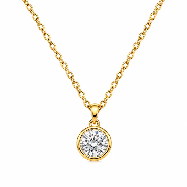 Jewelry White Background Gold round diamond necklace on pure white background with clean edges and natural reflection