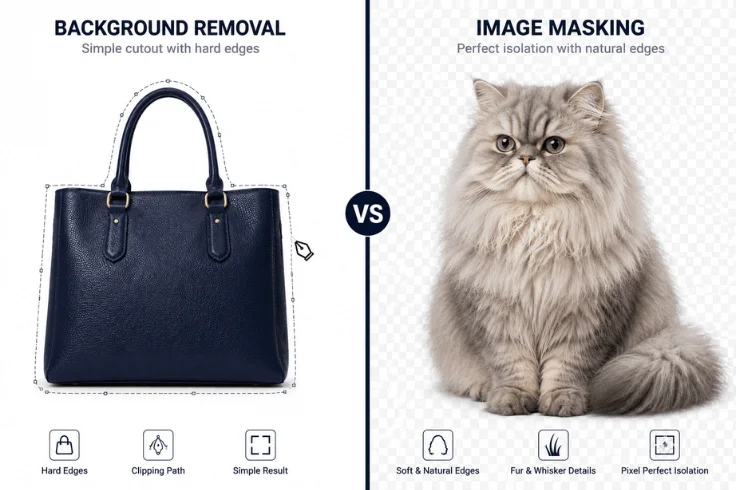 Side-by-side comparison of image masking and background removal for complex and simple product images