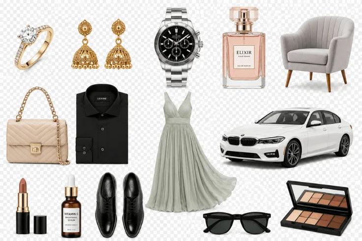 Jewelry, fashion, cosmetics, furniture, automotive, and ecommerce products edited with professional image masking services