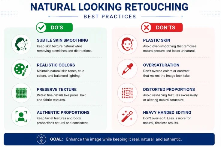 Infographic showing best practices for natural-looking photo retouching including realistic colors, preserved texture, and avoiding over-editing.