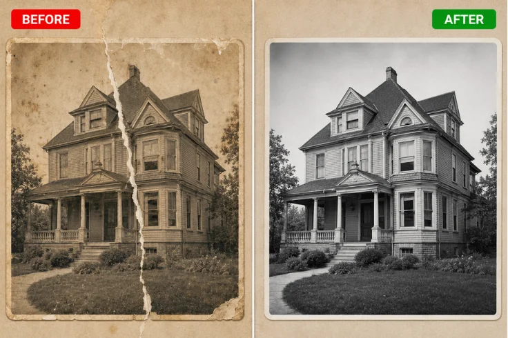 Before and after old photo restoration comparison showing repaired tears, removed stains, restored details, and improved image clarity.