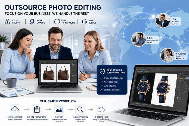 Business team outsourcing professional image masking services for ecommerce product photo editing and bulk image processing