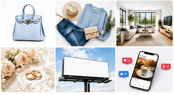 Professional photo retouching examples for ecommerce, fashion, real estate, wedding photography, advertising, and social media industries.