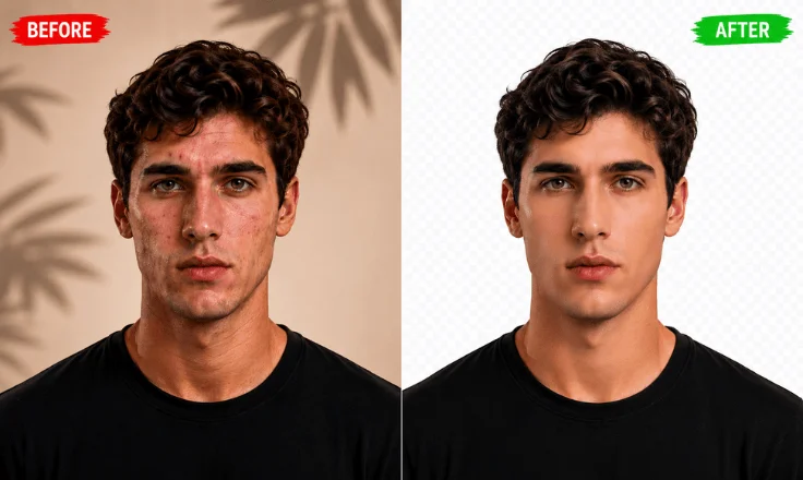 Before and after portrait skin retouching comparison showing blemish removal, smoother skin tone, and natural-looking professional photo enhancement.