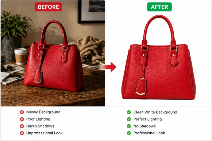 Before and after background removal of a red handbag showing clean white ecommerce background