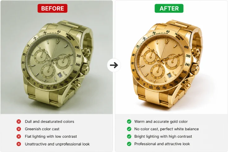 Before and after color correction of watch product photo showing accurate vibrant color