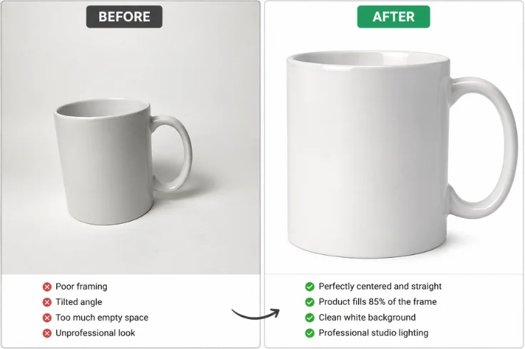 Before and after product photo cropping and straightening showing proper framing and composition