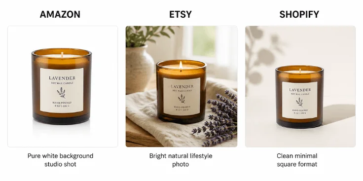 Three product images showing different photo requirements for Amazon Etsy and Shopify platforms