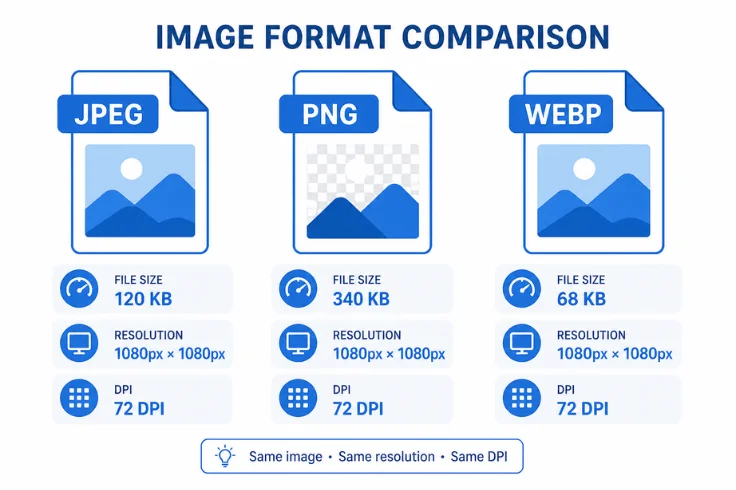 Infographic showing JPEG PNG and WEBP file format options for exporting optimized product photos