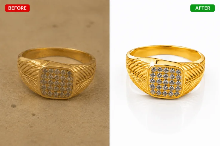 Before and after jewelry product photo retouching comparison showing improved lighting, sharp details, color correction, and clean white background.