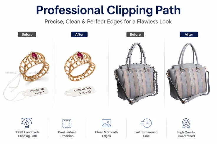 Before and after professional clipping path editing on jewelry and handbag products