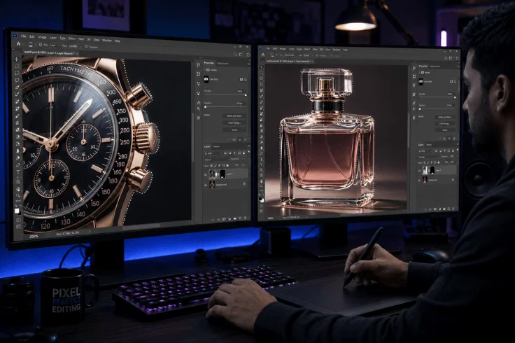 Photo editor manually masking a luxury watch and transparent product in Adobe Photoshop