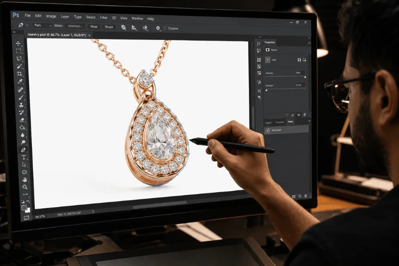 Professional graphic designer editing jewelry product photo using clipping path in Photoshop