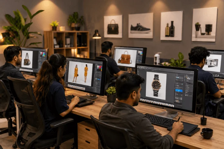 Professional photo editing team working on eCommerce product images in Adobe Photoshop