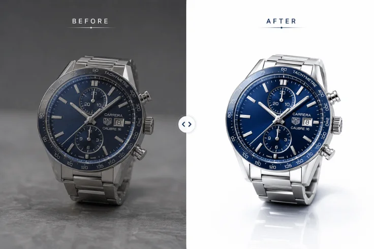 Professional photo retouching comparison showing improved image quality and sharp product details