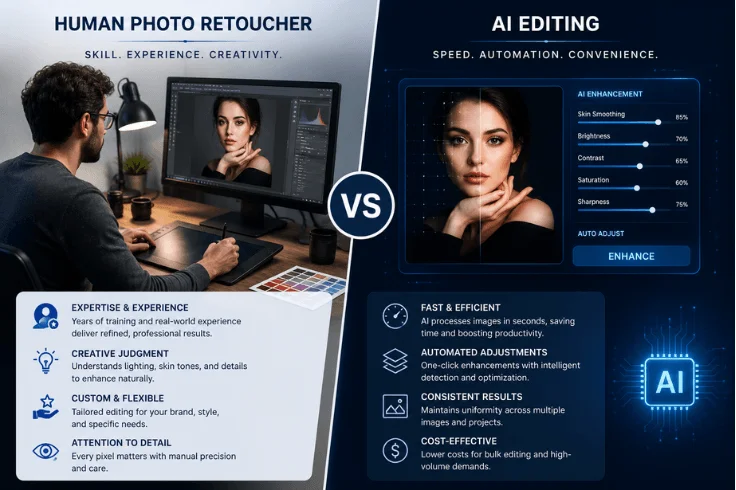 Professional photo retouching vs AI photo editing comparison for image quality improvement