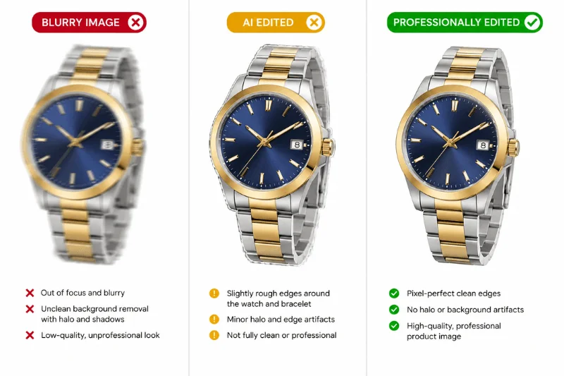 Professional watch product photo editing vs AI edited image quality comparison
