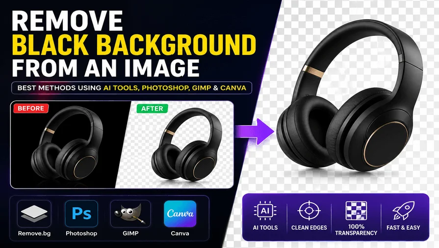 Remove black background from image using Photoshop AI tools and Canva