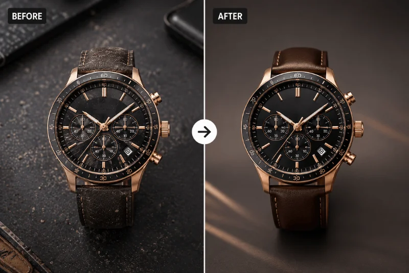Before and after product photo retouching removes distractions and imperfections