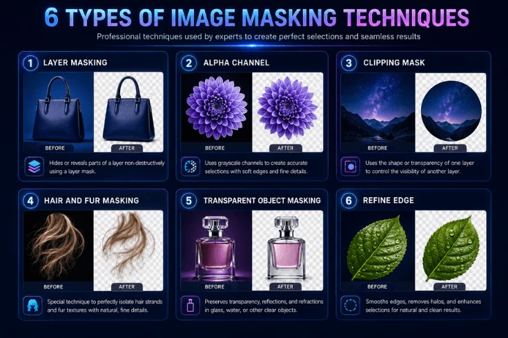 Infographic showing six common image masking techniques including layer masking, alpha channel, clipping mask, and hair masking
