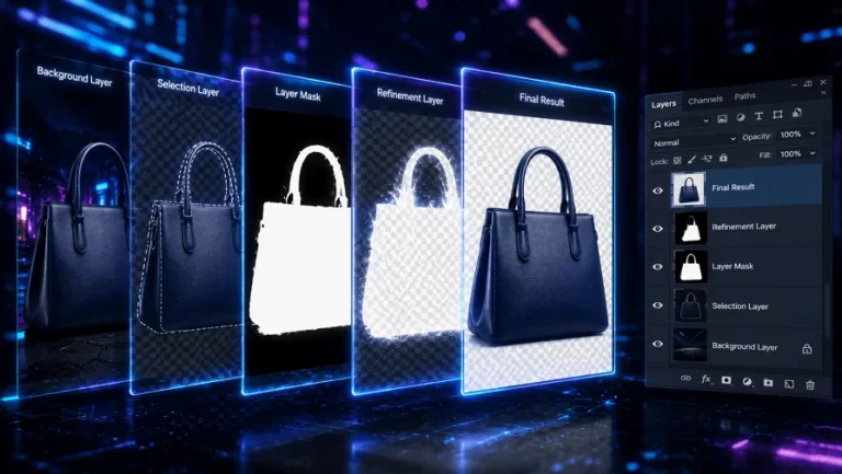 Professional image masking process in Photoshop showing layer masking and transparent background editing for ecommerce product images