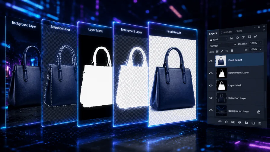 Professional image masking process in Photoshop showing layer masking and transparent background editing for ecommerce product images