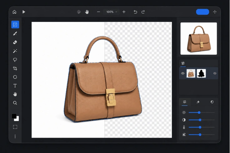 AI photo retouching software interface showing automated background removal on a product image