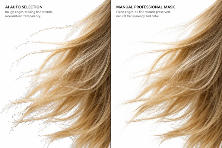 AI hair selection compared to professional manual masking.