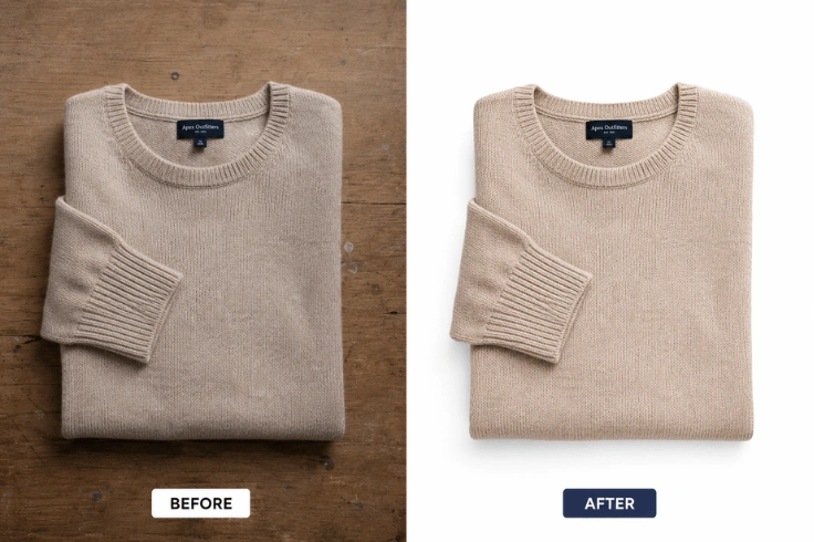 Before and after example of apparel photo editing showing wrinkle removal, background cleanup, and color correction
