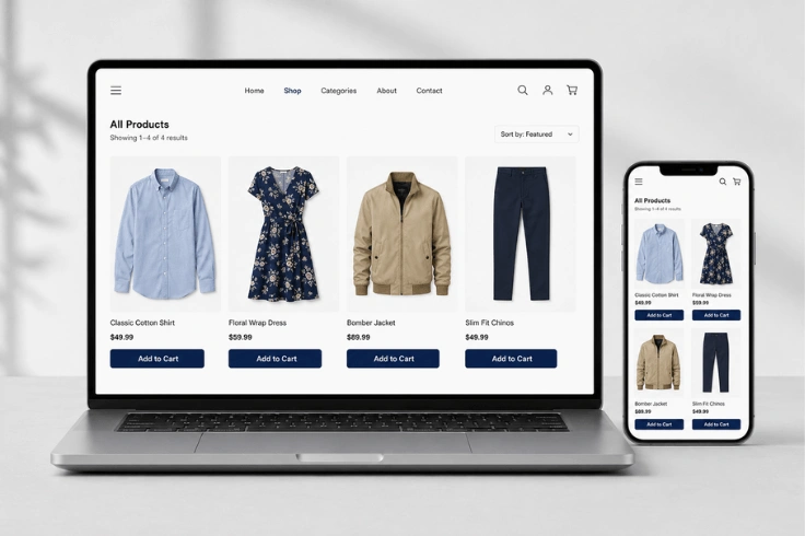 Clothing product images displayed on laptop and mobile ecommerce store pages