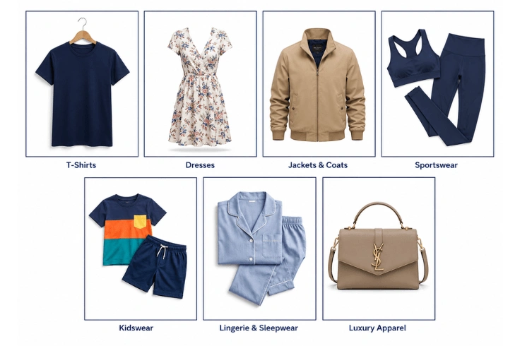Apparel photo editing for different product types including t-shirts, dresses, jackets, sportswear, kidswear, lingerie, and luxury apparel