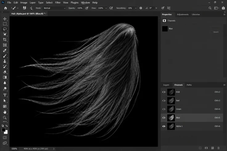 Hair extraction using Photoshop blue channel.