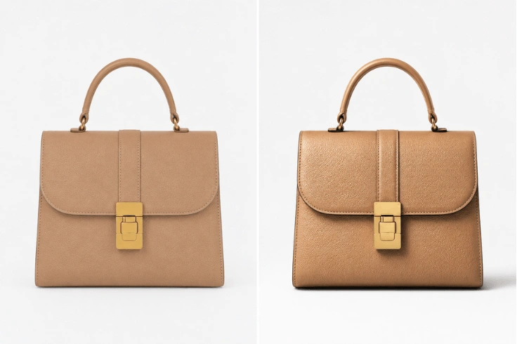 Dodge and burn retouching technique showing three-dimensional depth on a leather handbag
