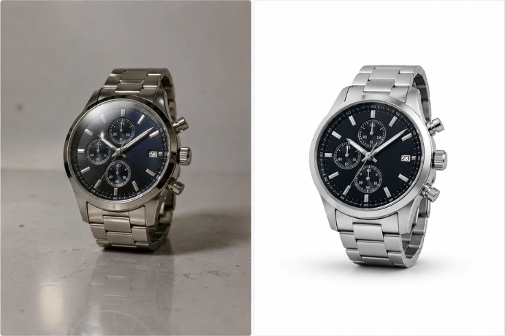 Before and after ecommerce product photo retouching comparison showing image quality improvement