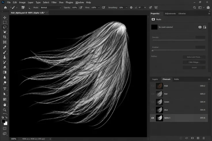 Hair masking using Photoshop alpha channel.
