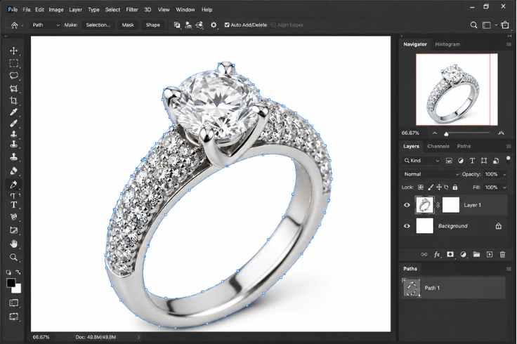 Precision pen tool path drawn around a diamond ring for professional photo retouching