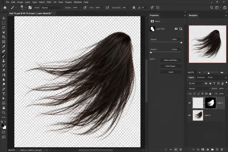 Professional hair masking using Photoshop layer mask.