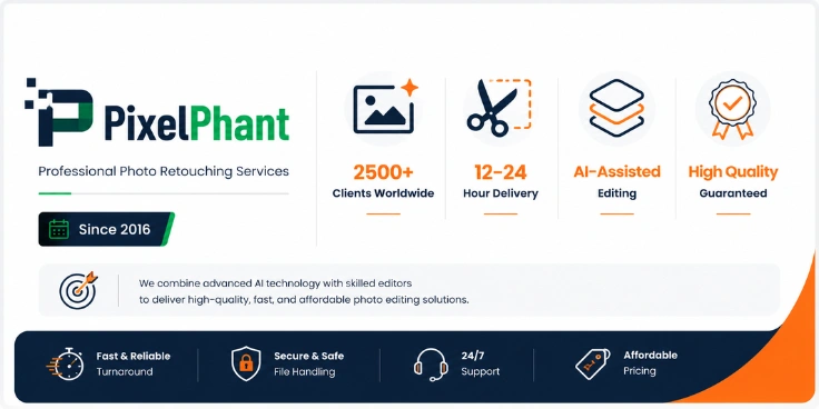 PixelPhant ecommerce photo retouching service with AI-assisted editing workflows