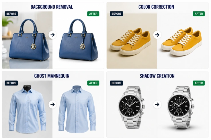 Background removal, color correction, ghost mannequin editing, and shadow creation services for ecommerce product photos